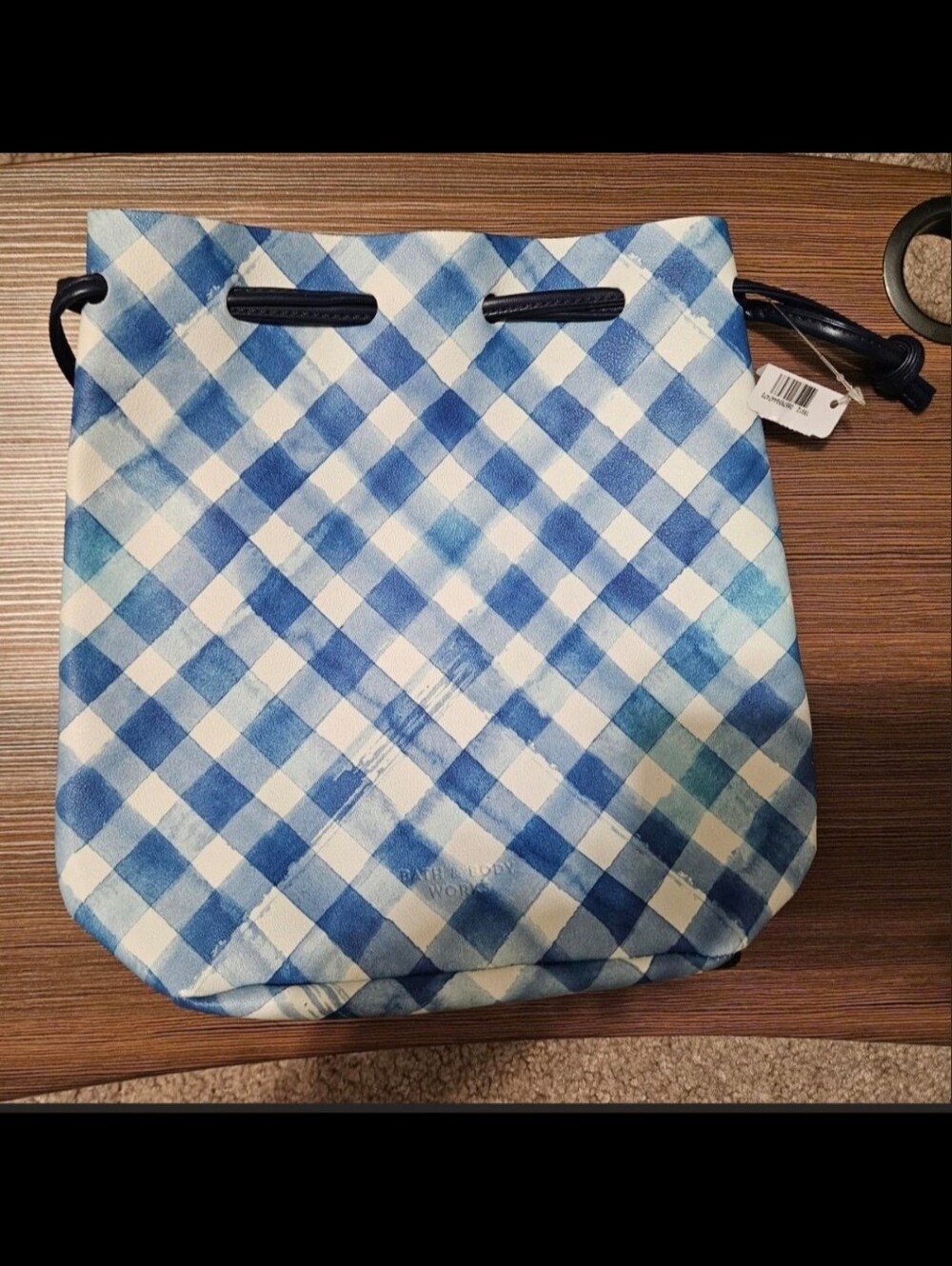 Bath & Body Works Blue and White Gingham Drawstring Gift Tote